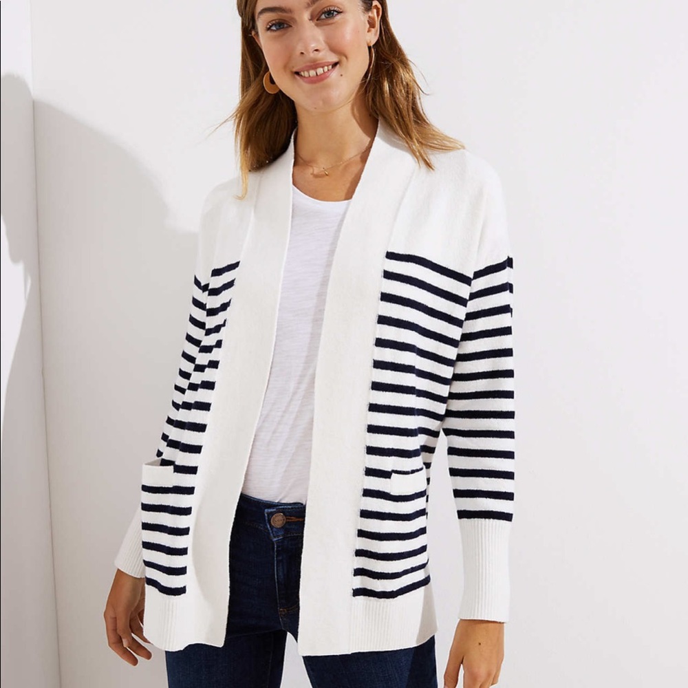 Loft Striped Open Pocket Cardigan whisper white